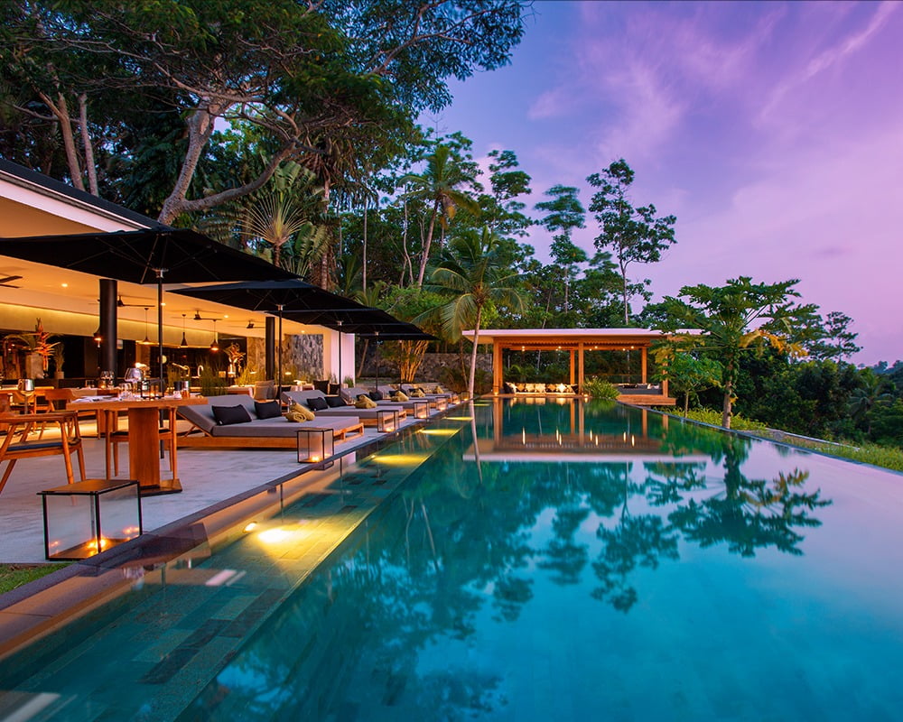 Terrasse avec piscine d'eau de mer et vue sur la jungle Haritha Villas & Spa