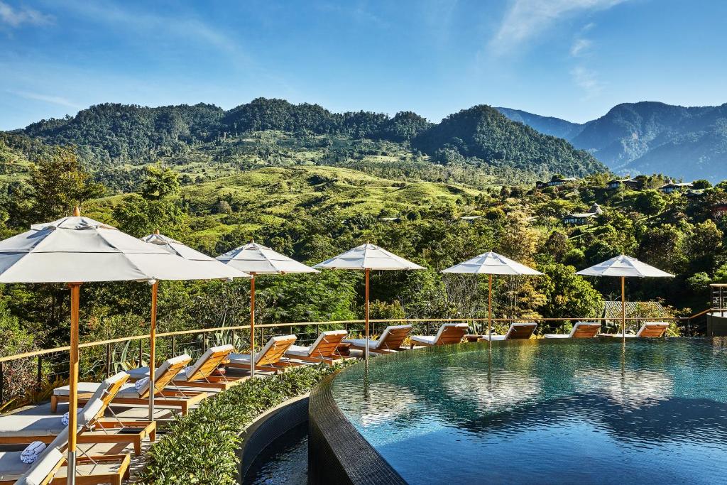 Piscine avec sublime vue sur les collines et les montagnes